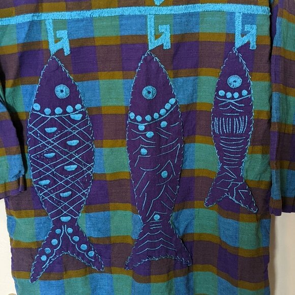 Vintage Fish Embroidered Gingham Checkered Plaid Top Boho Scandi Girl Angelica - Picture 6 of 6